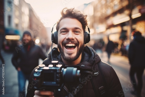 Handsome young man recording video blog with his camera on the street. Influencer creating content for his social media account. Social media and blogging concept.