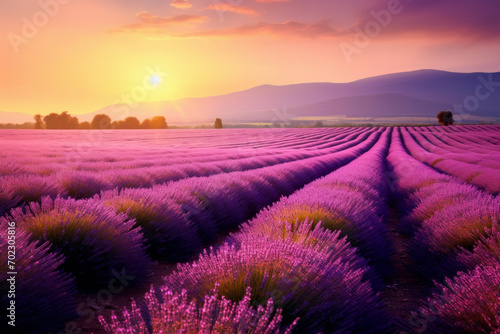 Endless lavender fields with long purple rows of lavender plants on sunny summer sunset.