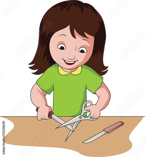 Girl playing with sharp objects – scissors, knife vector illustration