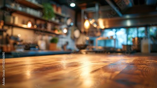 Generative AI, empty wooden tabletop on blurred modern kitchen background with copy space 