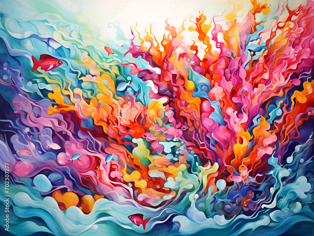 Dynamic abstract painting capturing the essence of a coral reef's vibrancy and movement