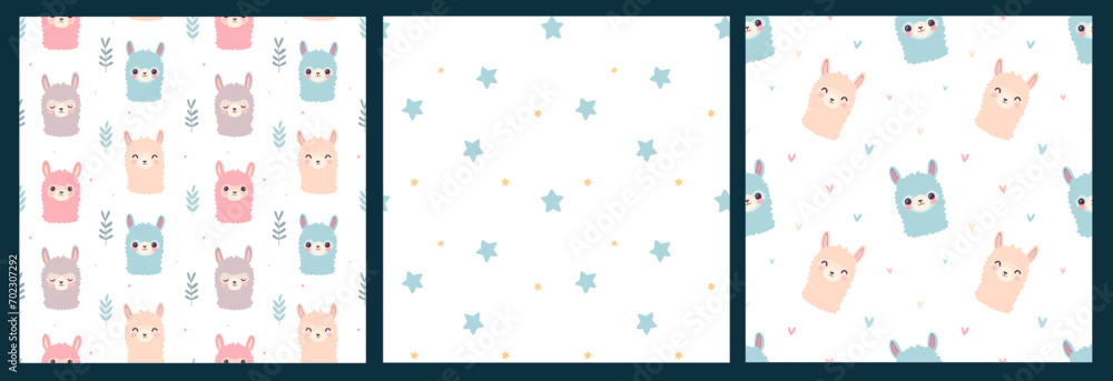 Set of seamless patterns Colored Llamas on a white background, stars and hearts. Design for children's room, wallpaper, textile and typography. Pastel colors