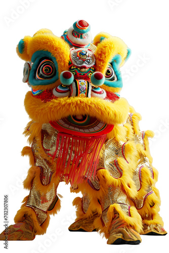 Chinese lion dance on a white background, front view, full body, very gorgeous, colorful, stunning, wonderful isolated PNG object