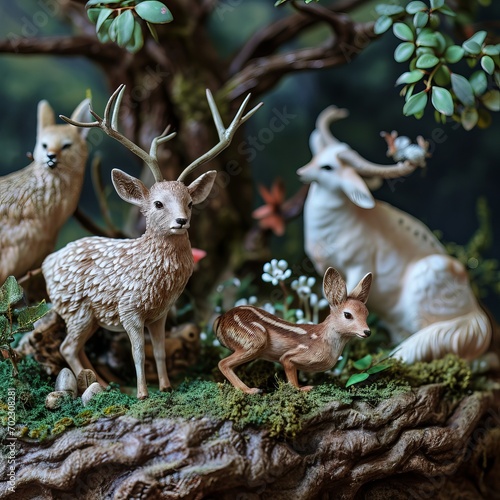 Detailed Showpiece of Forest Animals Including Deer, Fawn, and Fox Amidst Greenery and Flowers