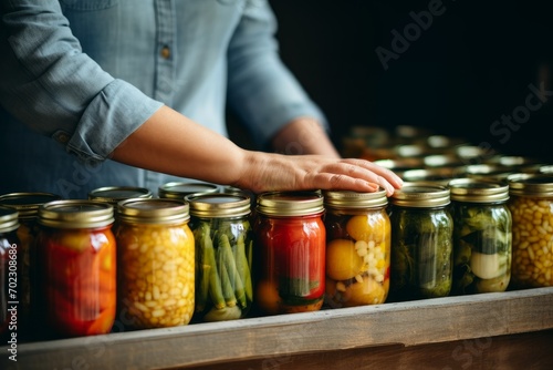 Home preservation for the winter. Women's hands with glass jars of canned vegetables. 