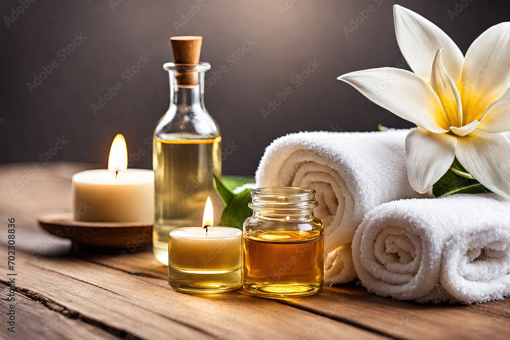 Spa beauty treatment and wellness background with towels flower massage oil and burning candle - obrazy, fototapety, plakaty 