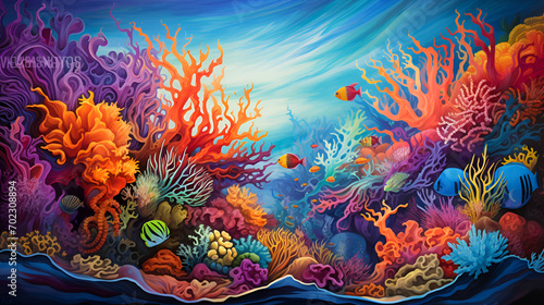 Vividly illustrated coral reef teeming with life, a colorful homage to underwater diversity. Ideal for use in marine education, conservation messaging, themed decor © eleonora_os