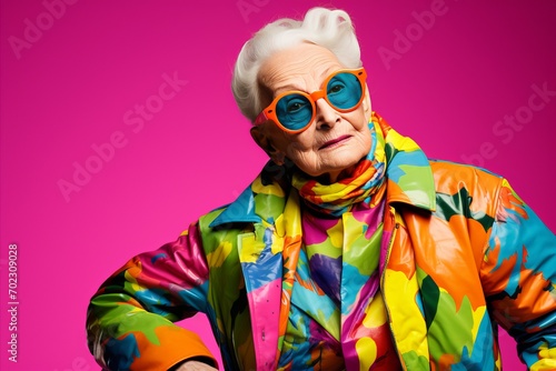 Graceful elderly woman in captivating carnival mask on vibrant studio backdrop with text space