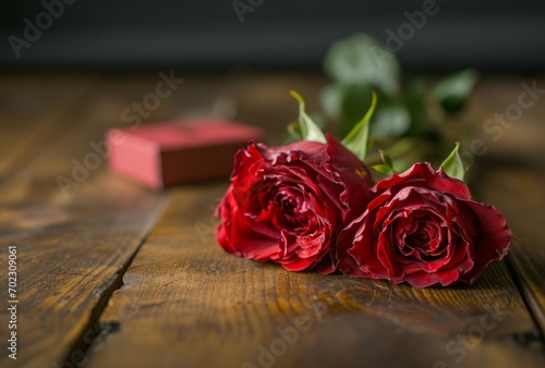Romantic Red Roses with Gift Box. Two red roses lying beside a pink gift box on a wooden table.