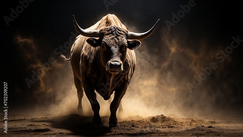 charging bull dust backlit photographic super on black background. © GEMES