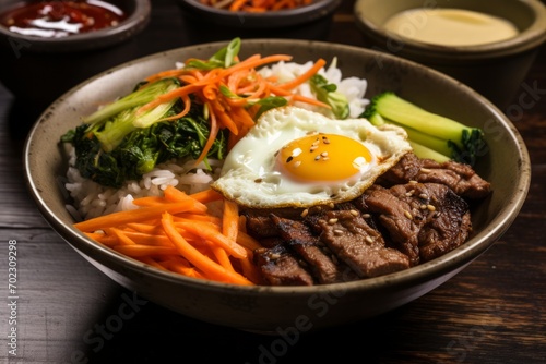 Asian bowl bibimbap with fried agg, beef and vegetables.