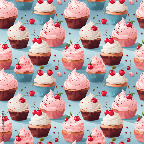 seamless pattern with festive pink cupcakes muffins with cream and berries on blue background