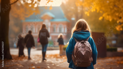 Rearview photography of a young girl wearing a backpack in the sunny morning, looking at the school building. Female child first day in educational institution year, kindergarten rucksack September photo
