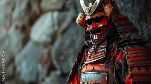 Minimalistic Japanese samurai costume background concept with empty space. Fully armed and ready to fight. photo
