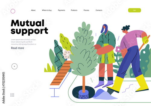 Mutual Support: Community yard improvement -modern flat vector concept illustration of people planting trees and plants A metaphor of voluntary, collaborative exchanges of resource, services