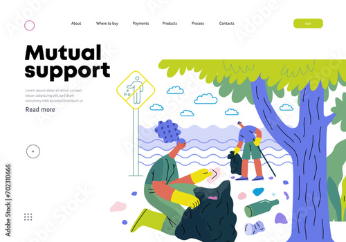 Mutual Support: Cleaning up trash, Garbage collection -modern flat vector concept illustration of people collecting trash on the beach A metaphor of voluntary, collaborative exchanges of resource