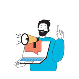 Social media concept with cartoon people in flat design for web. Man making mailing and advertising campaign for online promotion. Vector illustration for social media banner, marketing material.