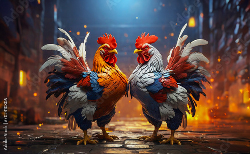 rooster and hen Two fierce roosters their muscles bulgin  photo