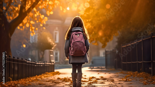 Rearview photography of a young girl wearing a backpack in the sunny September autumn morning, walking up to the school building.Female child first day in educational institution,kindergarten rucksack photo
