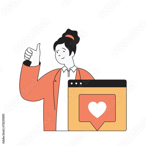 Social media concept with cartoon people in flat design for web. Woman browsing and puts likes or hearts at posts, answering messages. Vector illustration for social media banner, marketing material.