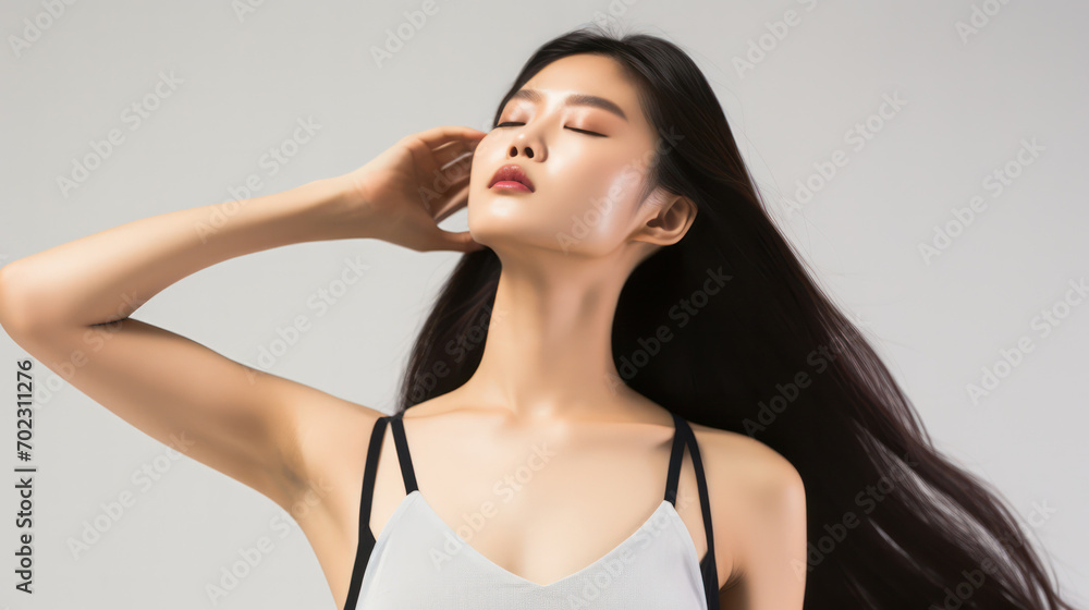 Chic Elegance, Stylish Asian Woman with Long Hair, Waist-Revealing Tank Top, on White Background. Chic Elegance, Stylish Asian Woman with Long Hair, Waist-Revealing Tank Top, on White Background.