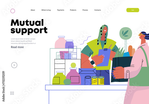Mutual Support: Bringing groceries to food bank -modern flat vector concept illustration of people donating food to food pantry A metaphor of voluntary, collaborative exchanges of resource, services