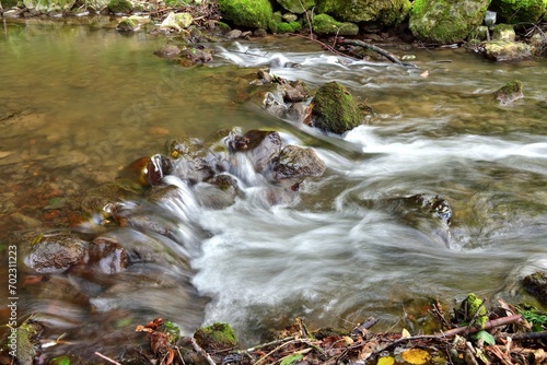 Obraz na płótnie Splashes of a flowing stream in a green forest w salonie