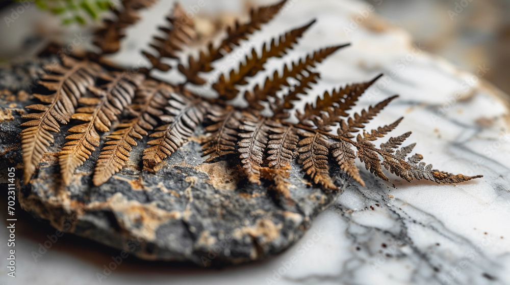 fern fossil, detailed textures, placed on white marble table, natural window light fern fossil, detailed textures, placed on white marble table, natural window light
