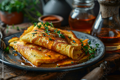 A thin pancakes on plate on wooden background. Maslenitsa photo