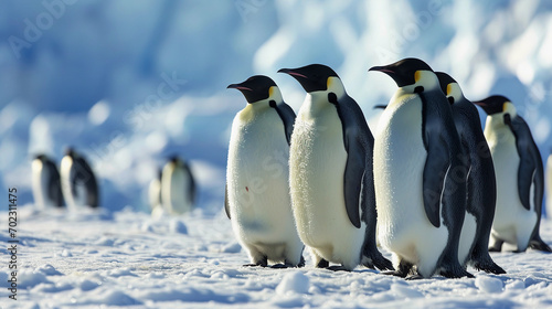 Emperor Penguins  standing amidst a snowy Antarctic backdrop  bright daylight