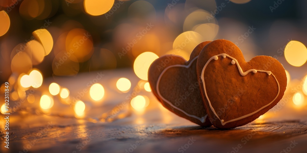 Fototapeta premium Two Decorated Gingerbread hearts on empty wooden table Valentine's day web bokeh background - generative ai