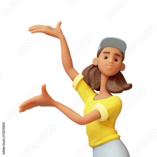 Portrait cute kawaii excited smiling active brazilian black girl in fashion casual clothes blue jeans, yellow t-shirt shows empty copy space on open hand palm for text. 3d render isolated transparent.
