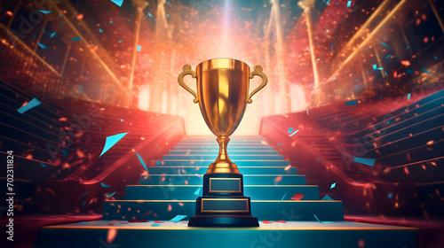 Shiny golden trophy placed on the podium in front of the stairs leading to glowing room, success concept, red and blue confetti falling from above. Prize or reward for the winner and champion ceremony