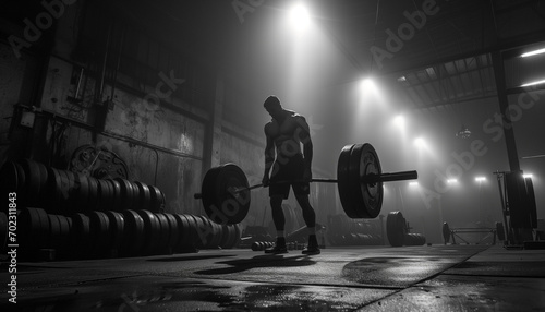 Man on barbell in a gym with lights at night, in the style of monochrome