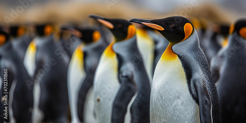 King Penguins, regal and poised, in a large colony, focus on ornate feather details, overcast lighting