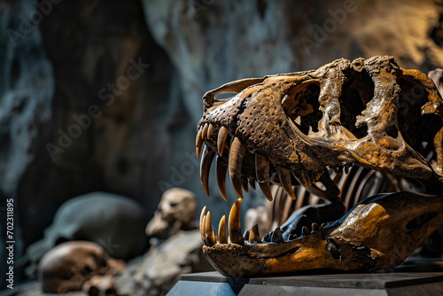 Saber-toothed tiger skull fossil, photorealistic, showcased in a museum setting with controlled lighting