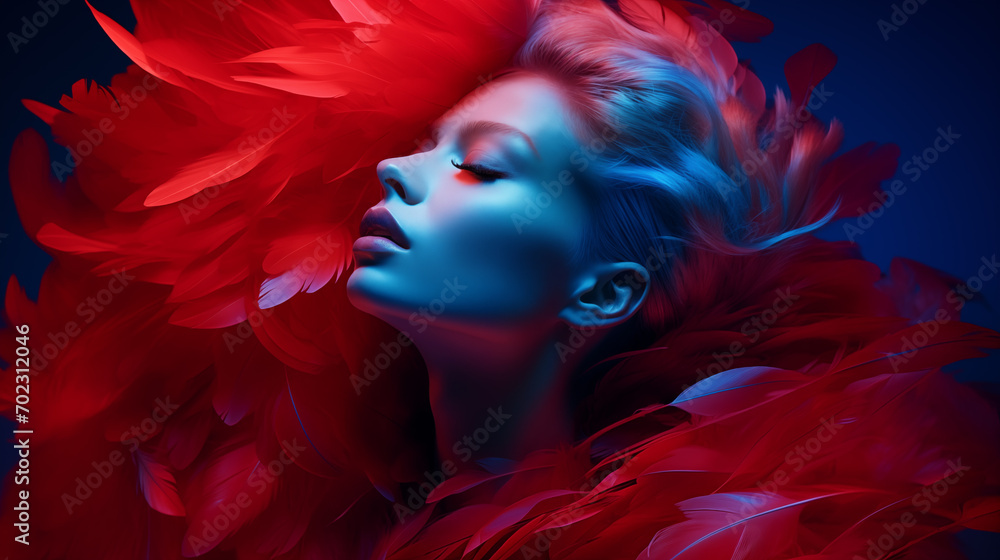 Sinnliches Portrait einer Frau mit roten Federn. Neon beleuchtet. Abstrakte Fashion-Illustration