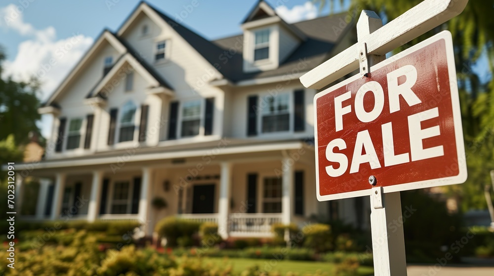 For sale sign with house in the background made with Ai generatice technology, property is fictional For sale sign with house in the background made with Ai generatice technology, property is fictional