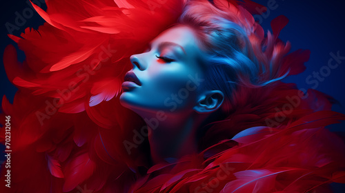 Sinnliches Portrait einer Frau mit roten Federn. Neon beleuchtet. Abstrakte Fashion-Illustration