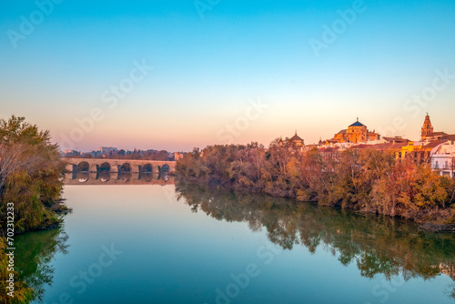 Beautiful view of the Guadalquivir River as it passes through C  rdoba  Andalusia  Spain  with the Roman bridge and cathedral mosque in the background with dawn light