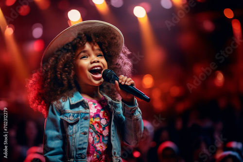 little dark-skinned girl sings emotionally at concert in front of microphone illuminated by spotlights photo