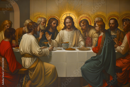 Illustration of Jesus Christ and apostles at the last supper photo