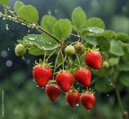 Ripe strawberries on a branch with green leaves in the rain.