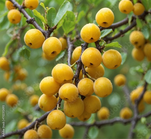 Ripe yellow plums on the branches of a tree in the garden