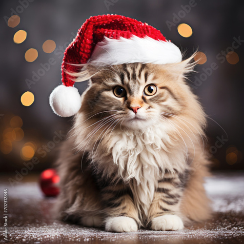 Cute fluffy kitten in Santa red hat for Christmas holiday postcards  seasonal background