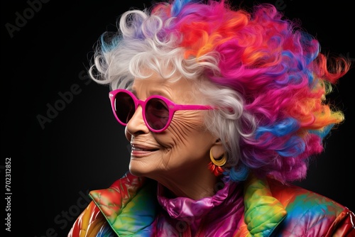 Elderly woman wearing carnival mask on vibrant studio background copy space for text