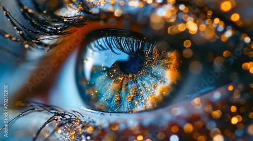 Macro shot of beautiful female eye with glowing iris. Beauty and fashion concept. photo