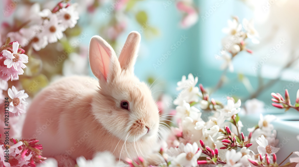 Adorable Pale Bunny Surrounded by Spring Blossoms
