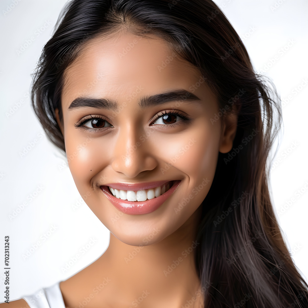 a closeup photo portrait of a beautiful young asian indian model woman smiling with clean teeth. used for a dental ad. isolated on white background. a closeup photo portrait of a beautiful young asian indian model woman smiling with clean teeth. used for a dental ad. isolated on white background.