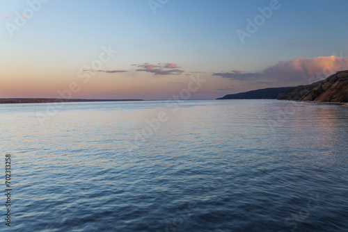 Stony pebble and clay banks of the Volga River. Mountain slope of various stone rocks. Tetyushi, Tatarstan.